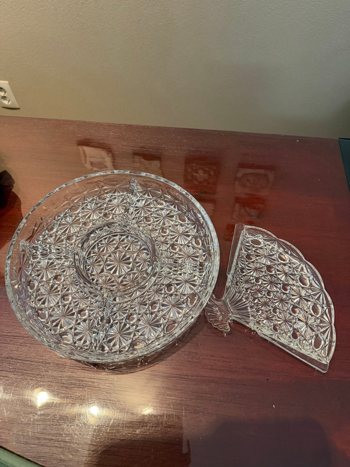 Vintage Avon geperst glas hapjesschaal+waaier daisy&button, Antiek en Kunst, Ophalen of Verzenden