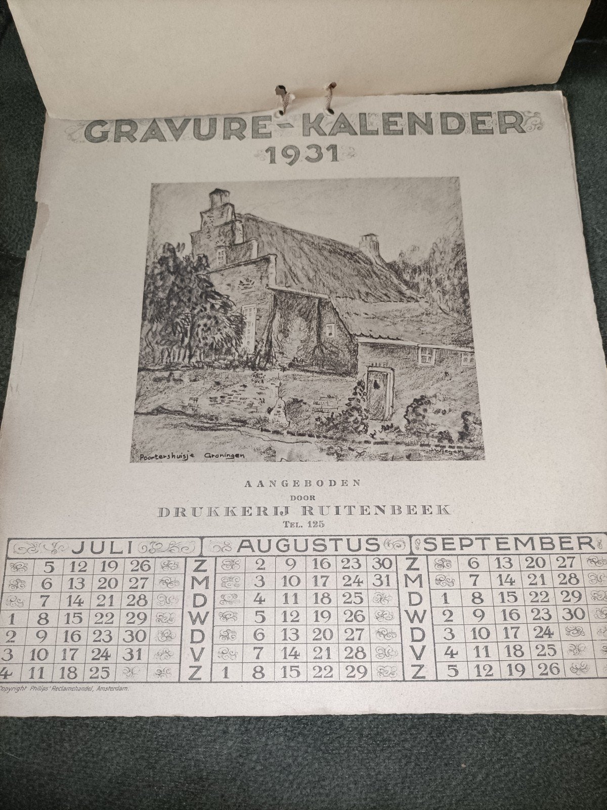 Gravure kalender uit 1931 brocante, Ophalen of Verzenden
