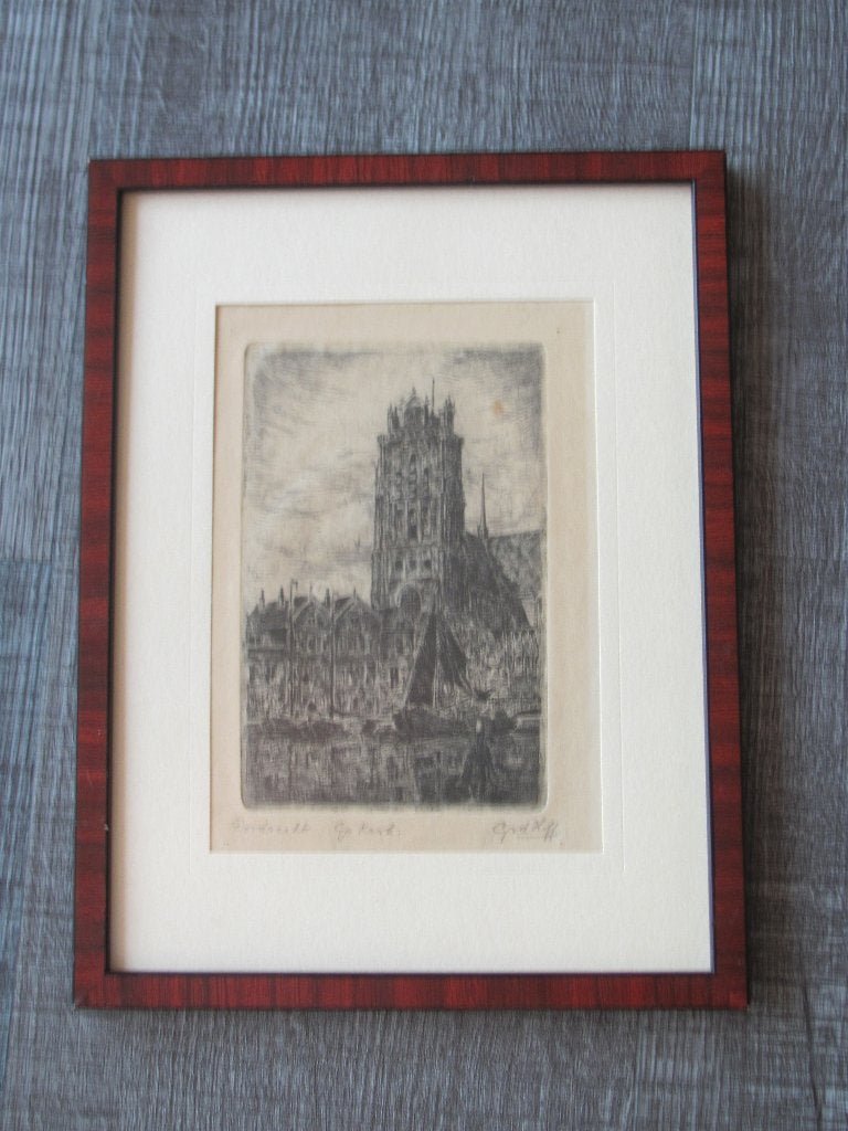 Dordrecht Grote kerk - G. van den Hoff, Antiek en Kunst, Kunst | Etsen en Gravures, Ets, Stadsgezicht, Origineel, Ophalen of Verzenden