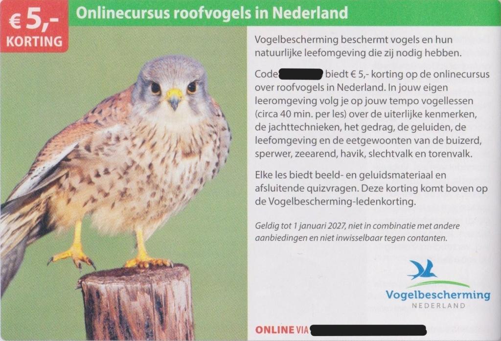 Onlinecursus roofvogels in Nederland. € 5,- korting., Eén persoon, Kortingsbon