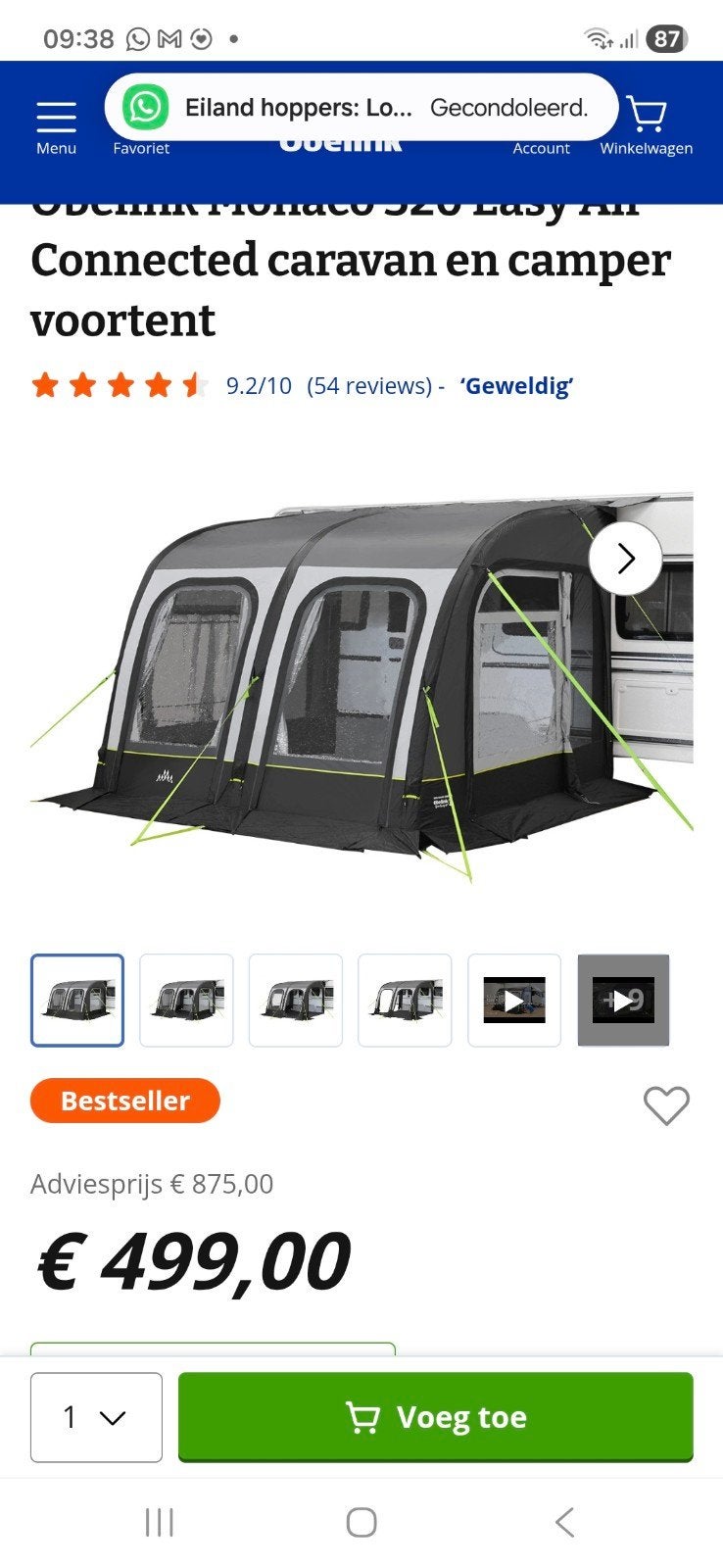 Obelink Monaco 320 E asy Air opblaastent nietgebruikt., Ophalen, Nieuw