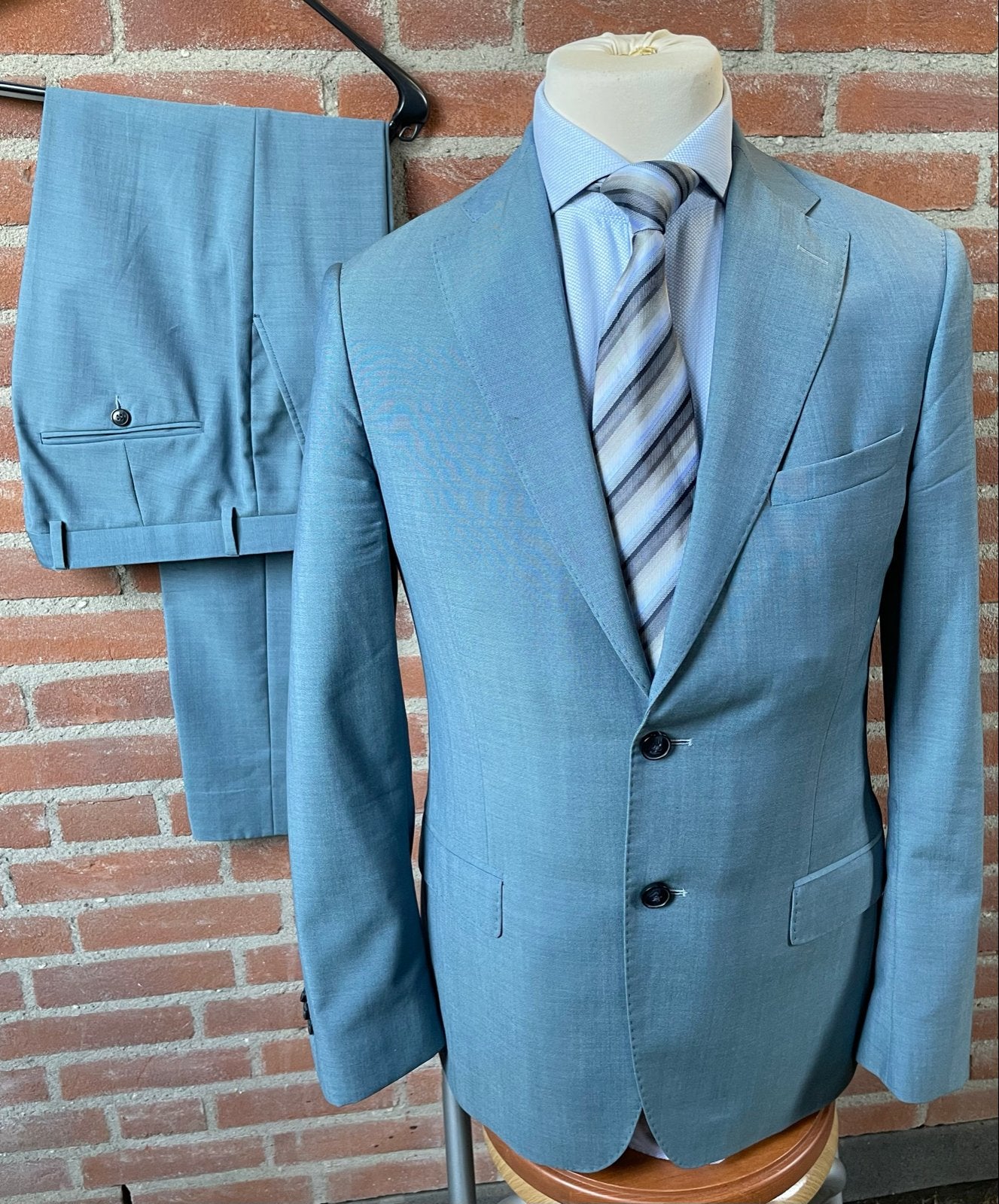 Nils Oslo Herenpak - 100% Wol- Fitted- Turkoois - Maat 48, Ophalen of Verzenden, Zo goed als nieuw, Maat 48/50 (M), Blauw