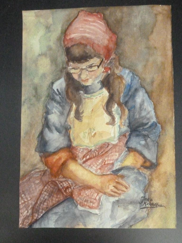 Schilderij op papier meisje in klederdracht, Antiek en Kunst, Kunst | Schilderijen | Klassiek, Ophalen of Verzenden