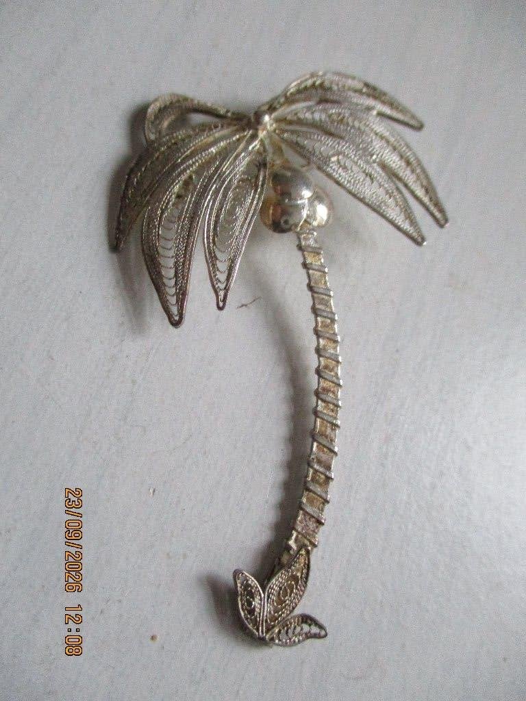 zilver broche palmboom 925, 6.3 cm lang filegrain, 4 tot 7 cm, Gebruikt, Ophalen of Verzenden, Zilver