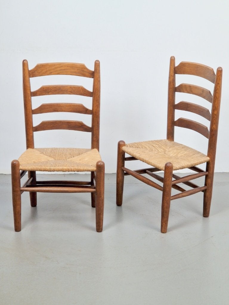 2 vintage brutalist Charlotte Perriand stoel hout riet ‘60, Gebruikt, Twee, Bruin, Vintage