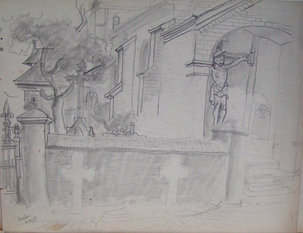 Hubert Bekman " Begraafplaats Grathem "potlood tekening 1935, Verzenden, Tekening, Potloodtekening, Handgemaakt