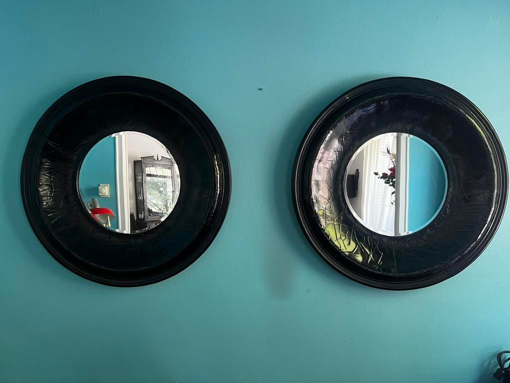 Set XL Design Spiegels – Zwart Craquelé – Ø 78 cm, Huis en Inrichting, Woonaccessoires | Spiegels, Ophalen, Rond, Zo goed als nieuw