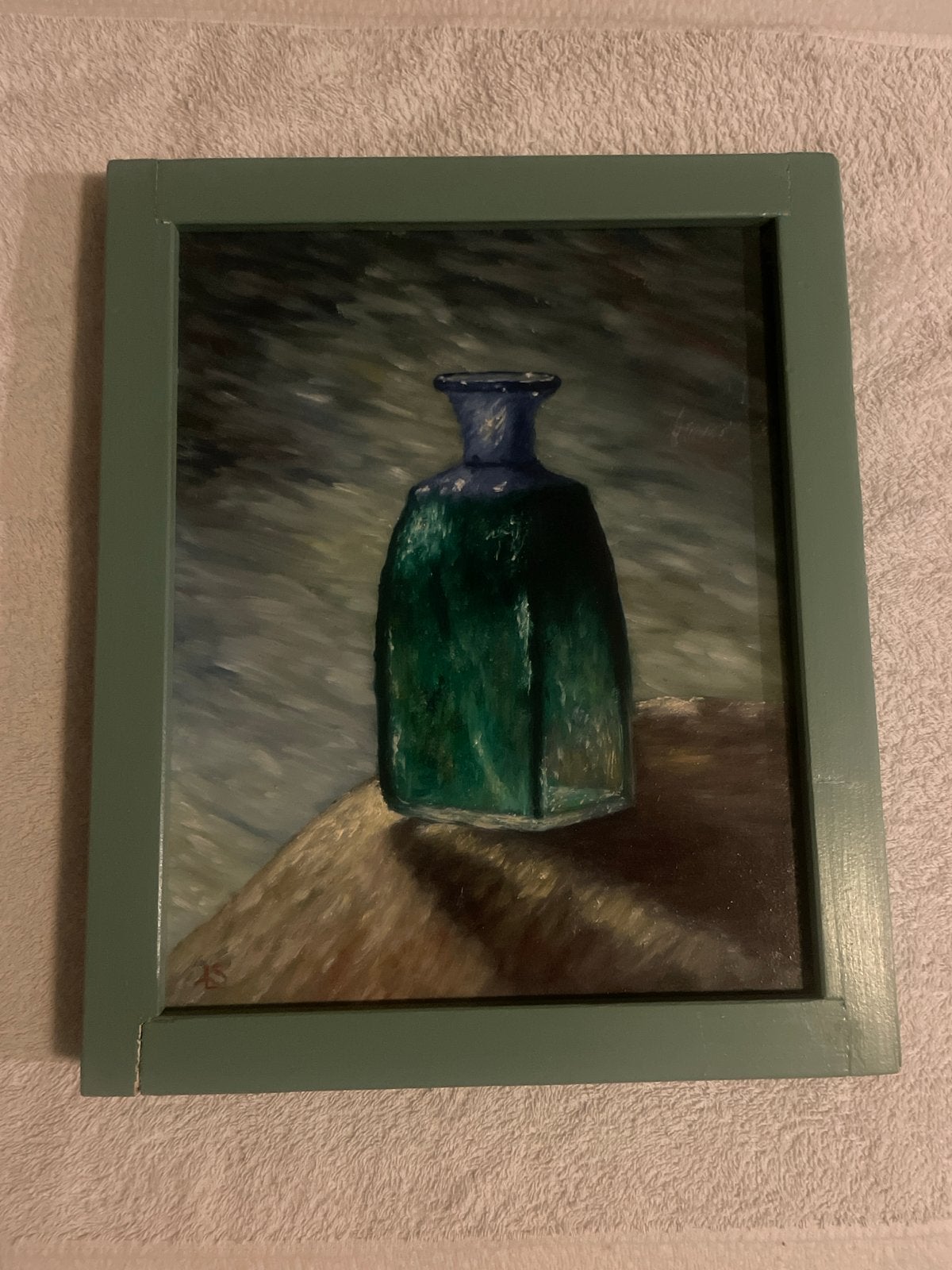 Olieverf Stilleven: Groene Fles op Tafel, Doek, Realistisch, Stilleven, Ophalen of Verzenden