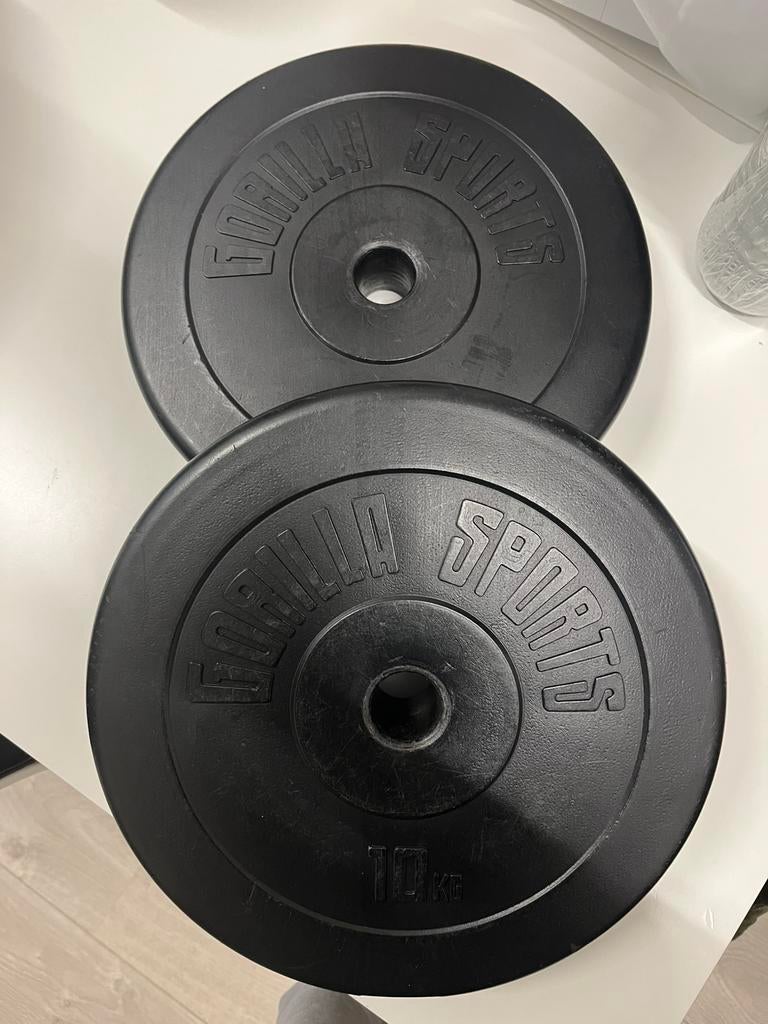 Gorilla Sports schijven 2x10kg en stang 198cm, Ophalen, Gebruikt, Rug, Halterschijven