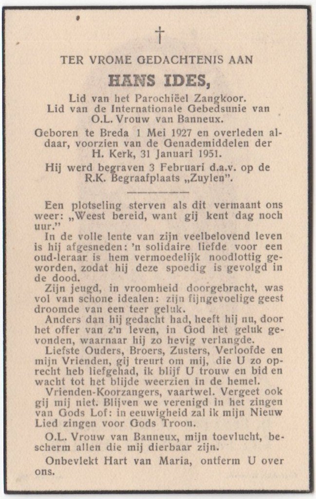 Hans Ides 1927 Breda + 1951 Breda, 23 jaar oud, Ophalen of Verzenden