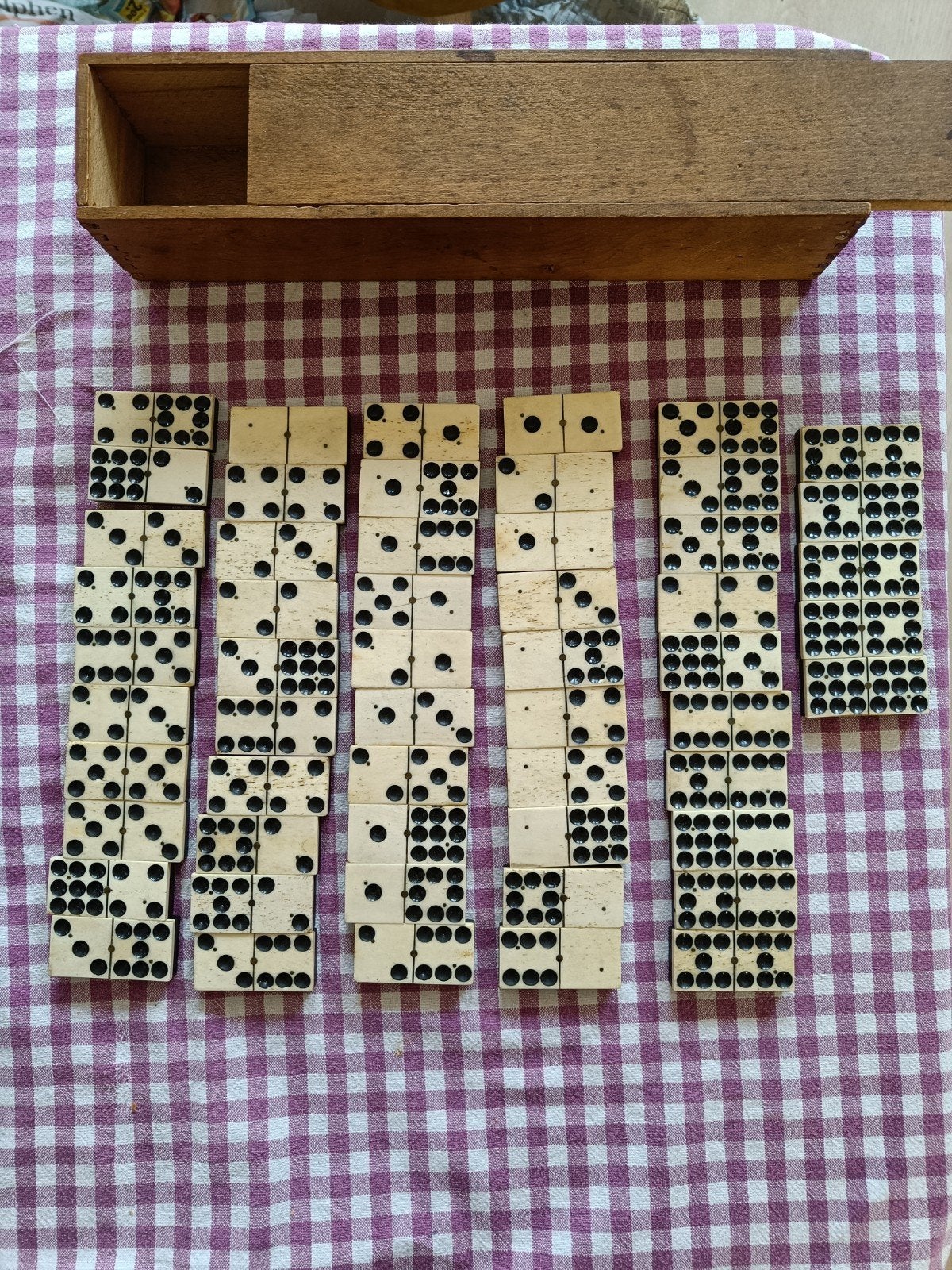 Antiek "Double-Nine" Dominospel (55 stenen) in Houten Doos, Ophalen of Verzenden
