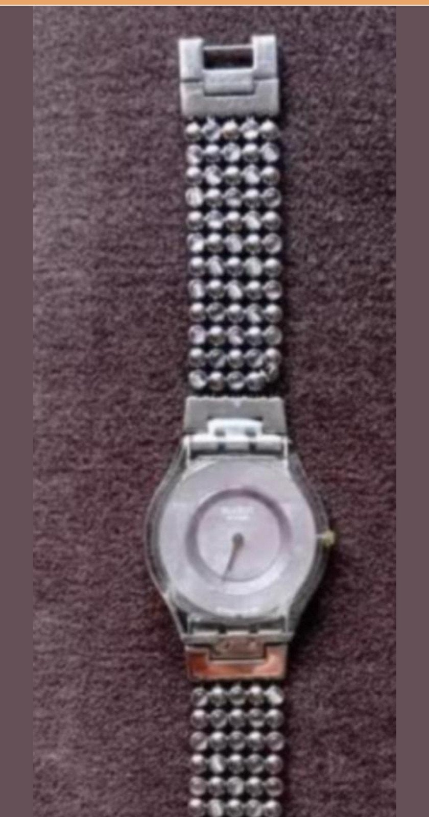 Swatch Skin horloge zilver/lila met uniek bandje, 17 cm, Ophalen of Verzenden, Gebruikt, Swatch