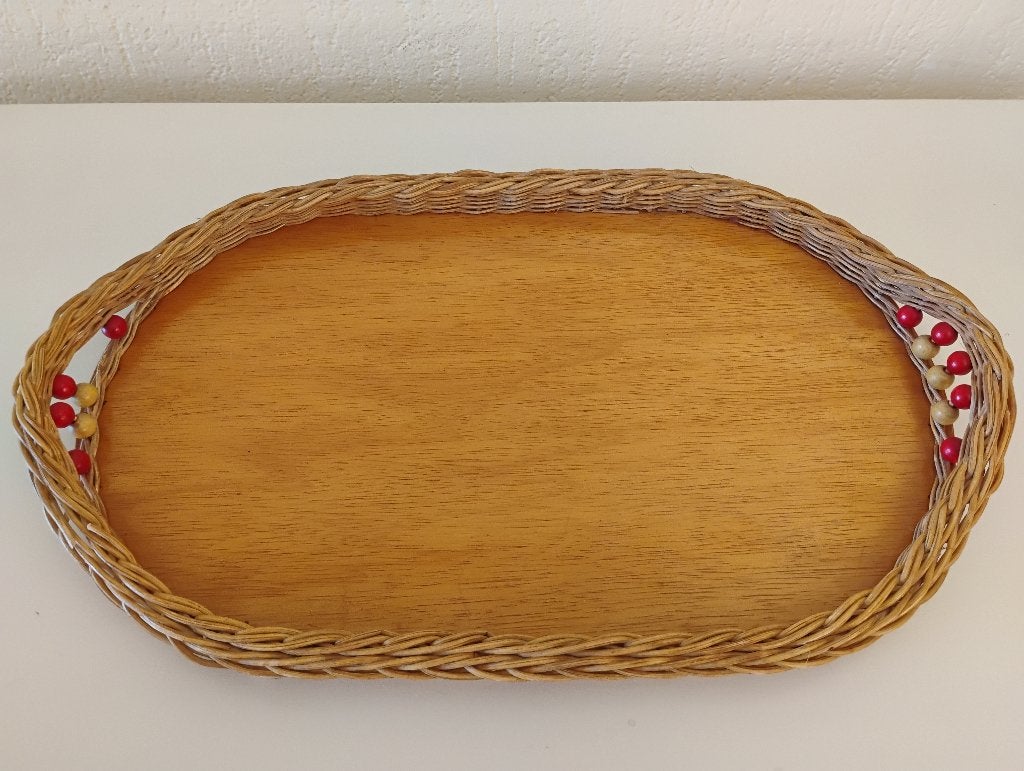 Jaren 50 dienblad hout, riet ,kralen, ovaal 38 cm x 23 cm, Gebruikt, Gevlochten, Ophalen of Verzenden, Ovaal