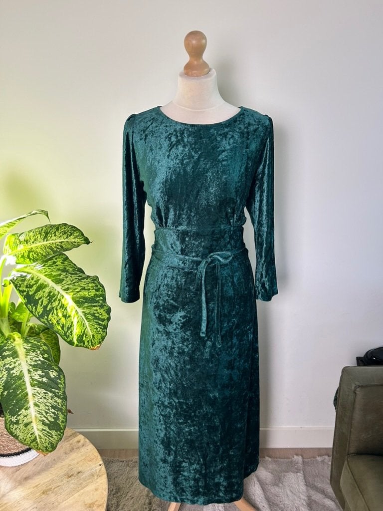 King Louie maat XL midi groene velvet jurk 3609, Maat 46/48 (XL) of groter, Ophalen of Verzenden, Zo goed als nieuw, King Louie