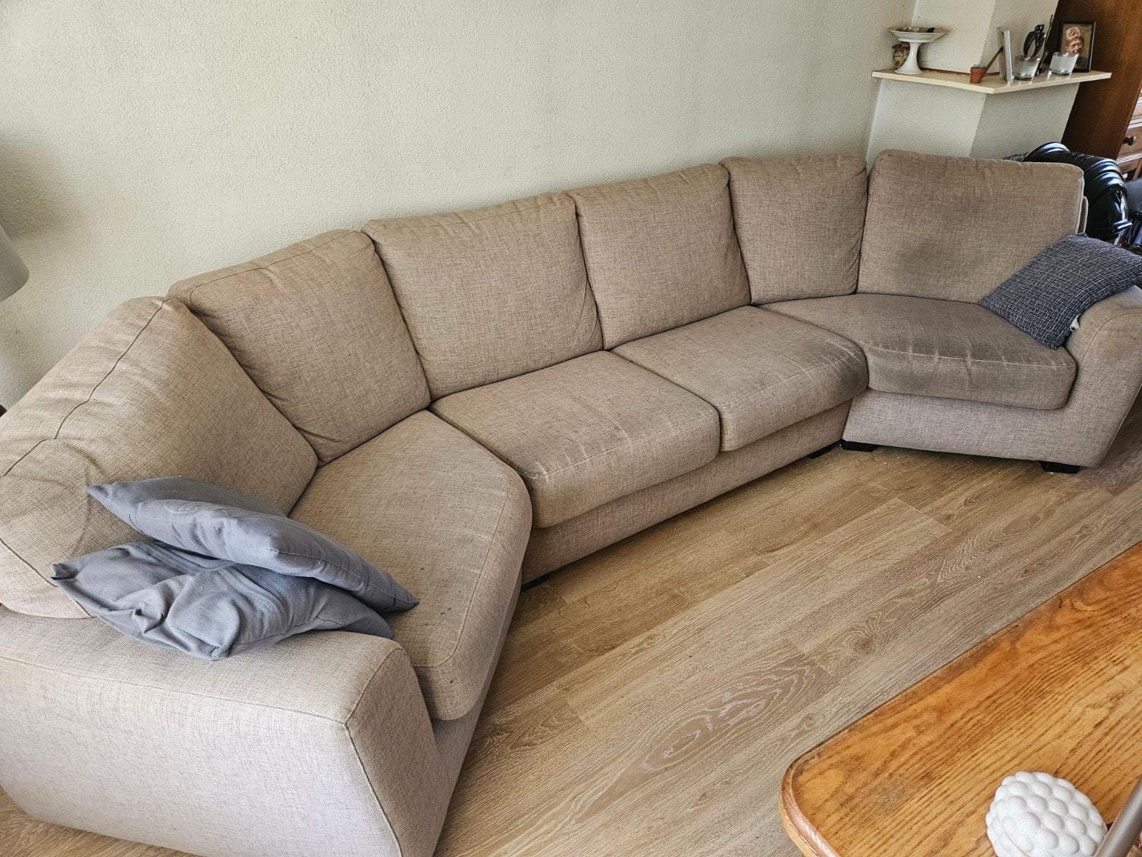 Hoekbank - Beige Stof, Ophalen, Gebruikt, 100 tot 125 cm, Hoekbank