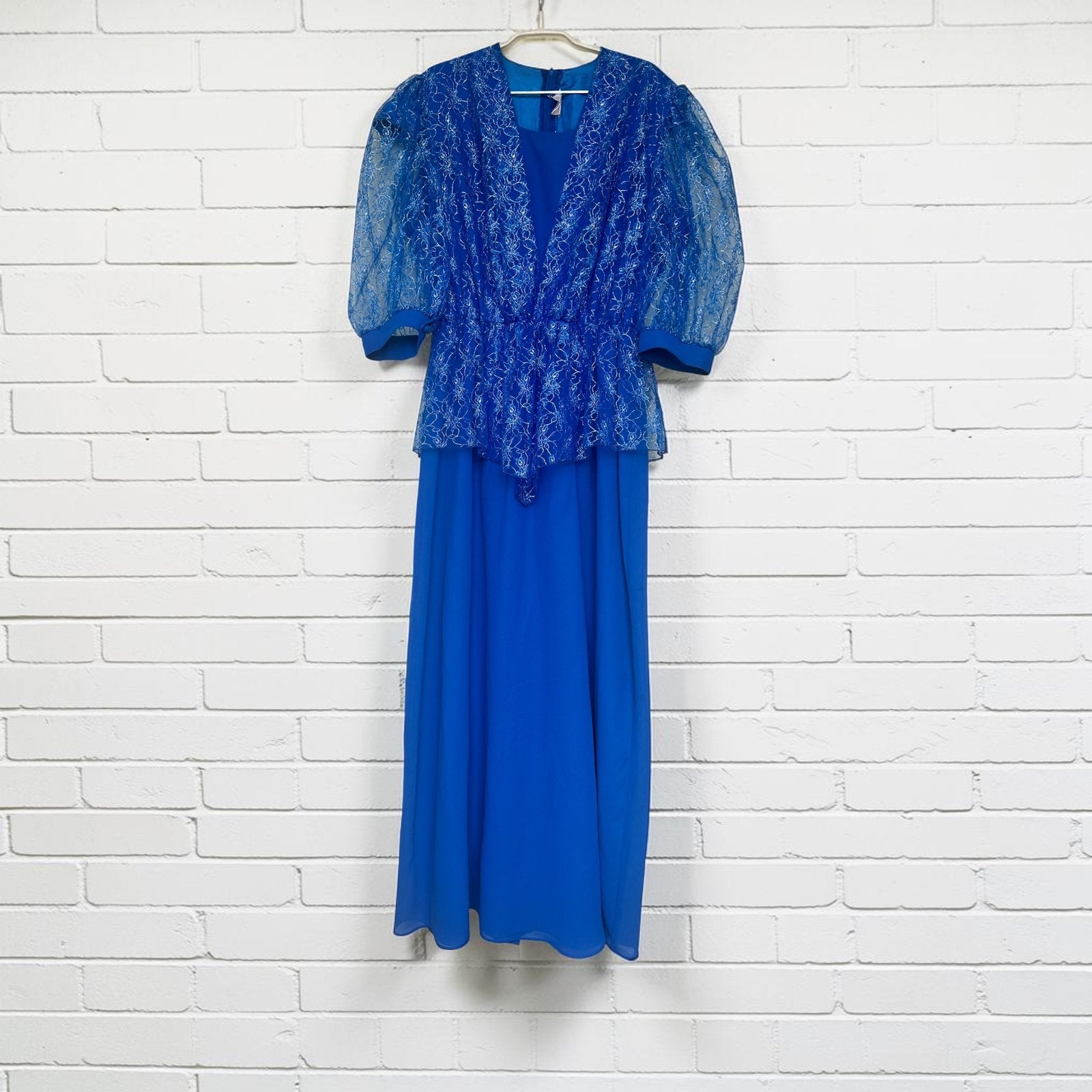 Vintage Jurk Maat 48 Blauw Gala Tule Kant Pofmouw Sjiek, Galajurk, Maat 46/48 (XL) of groter, Zo goed als nieuw, V