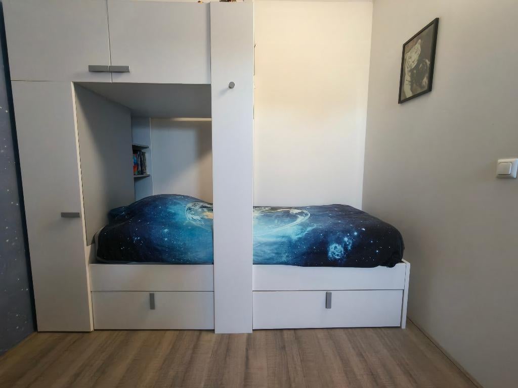 1 pers. bed + veel opbergruimte + bureau in wit/grijs, Ophalen, 90 cm, Eenpersoons, Wit