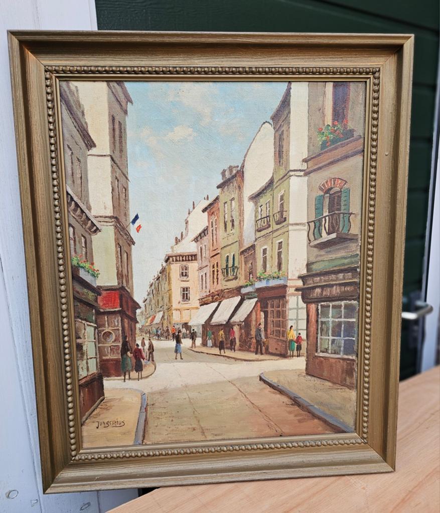 Olieverfschilderij op doek – Franse straatscène – gesigneerd, Antiek en Kunst, Kunst | Schilderijen | Klassiek, Ophalen of Verzenden