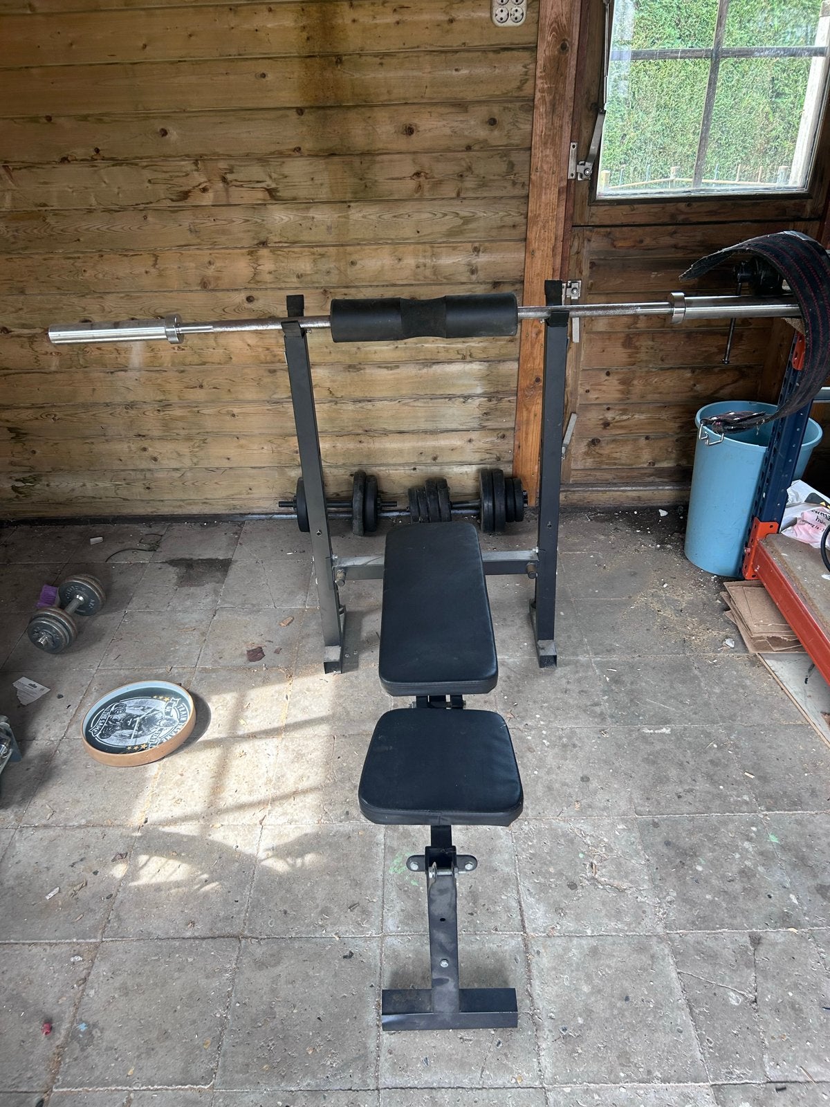 Bankdruk set 90 kilo, Sport en Fitness, Fitnessmaterialen, Ophalen, Gebruikt, Benen, Fitnessbank
