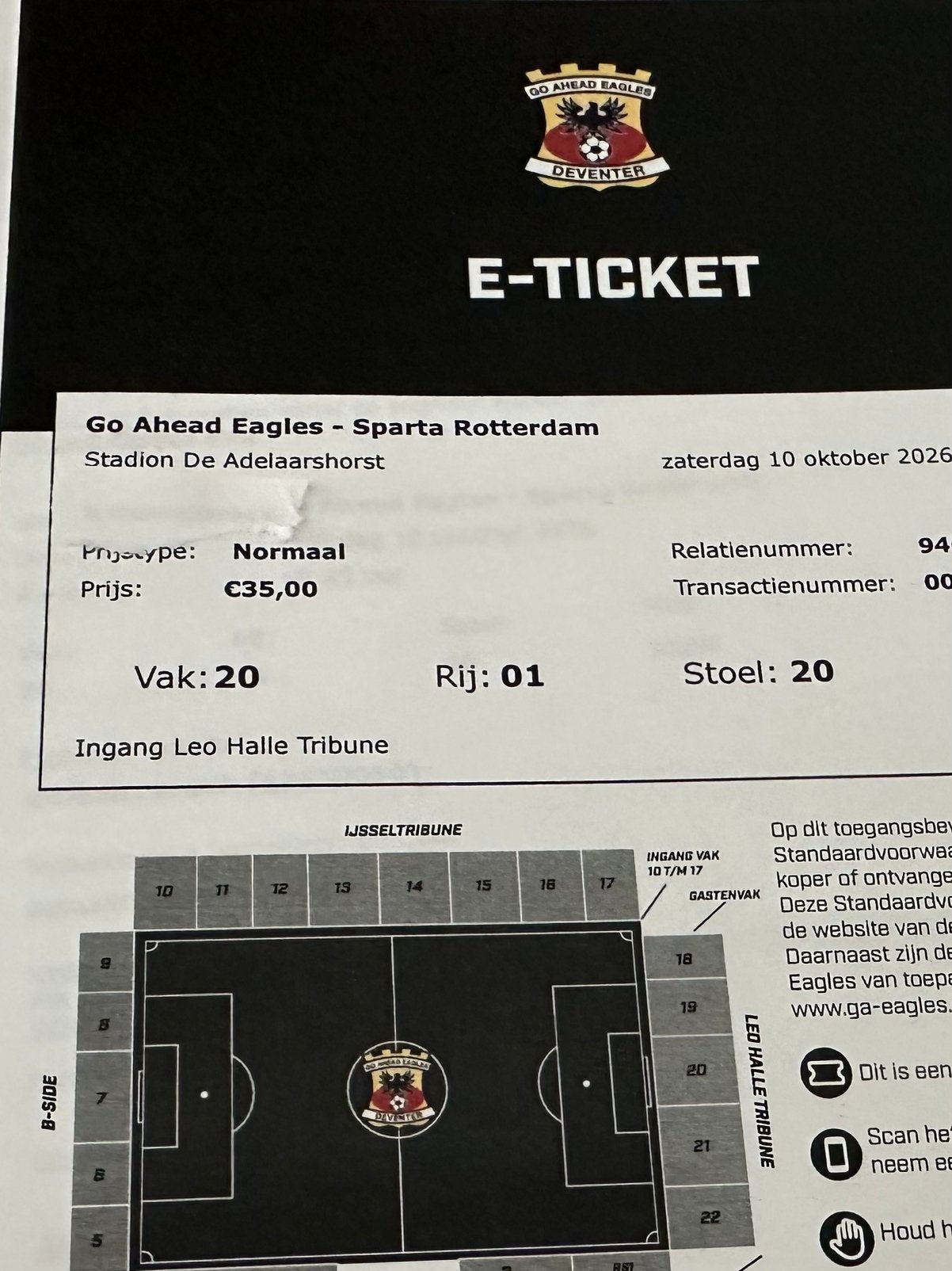 1 ticket Go Ahead Eagles - Sparta, Tickets en Kaartjes, Eén persoon, Oktober
