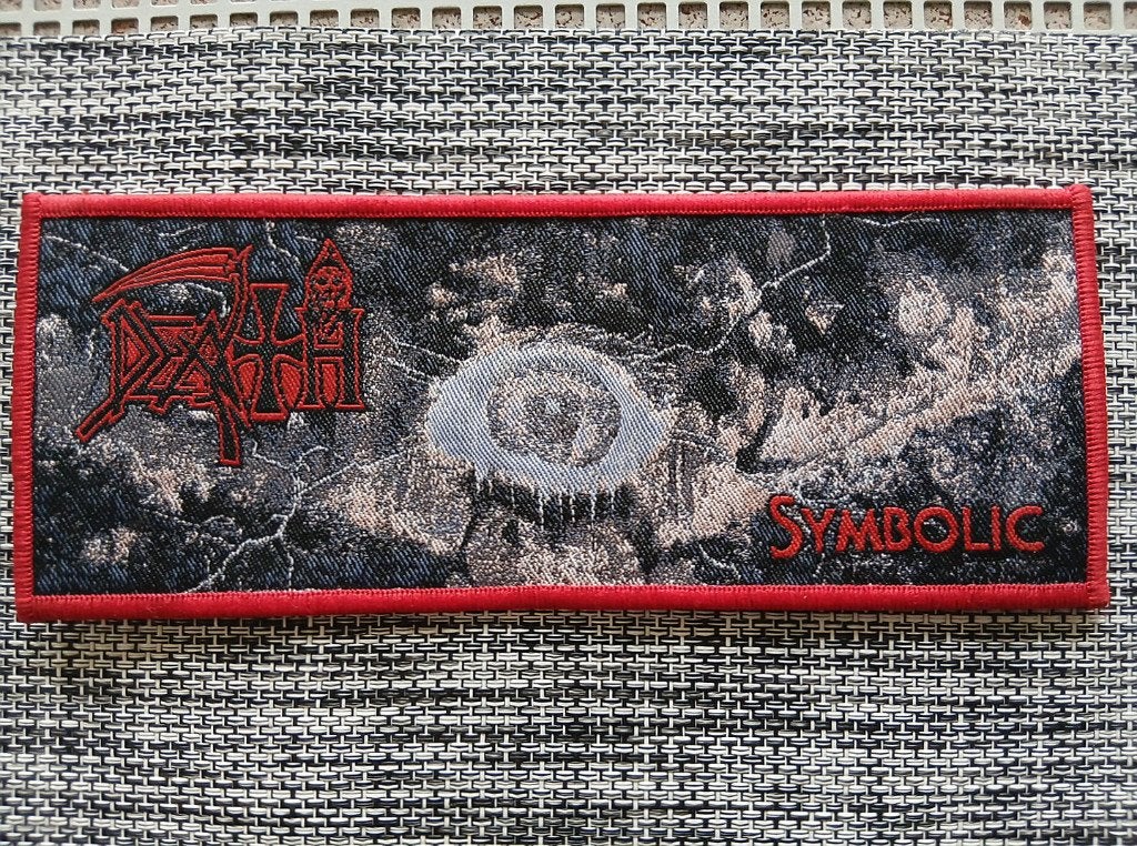 Death Symbolic prachtige strip patch d12 rode border   metal, Verzenden, Nieuw, Kleding