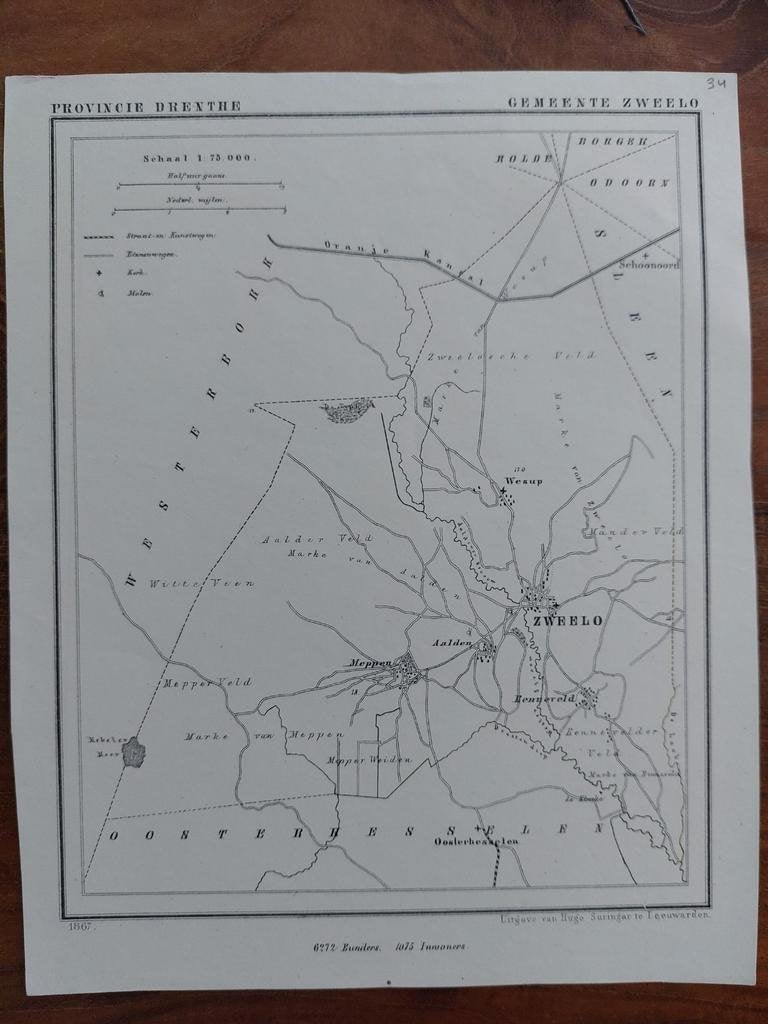 34 / Zweelo - Meppen - Wesup Litho uit 1867 van J. Kuyper, Ophalen of Verzenden
