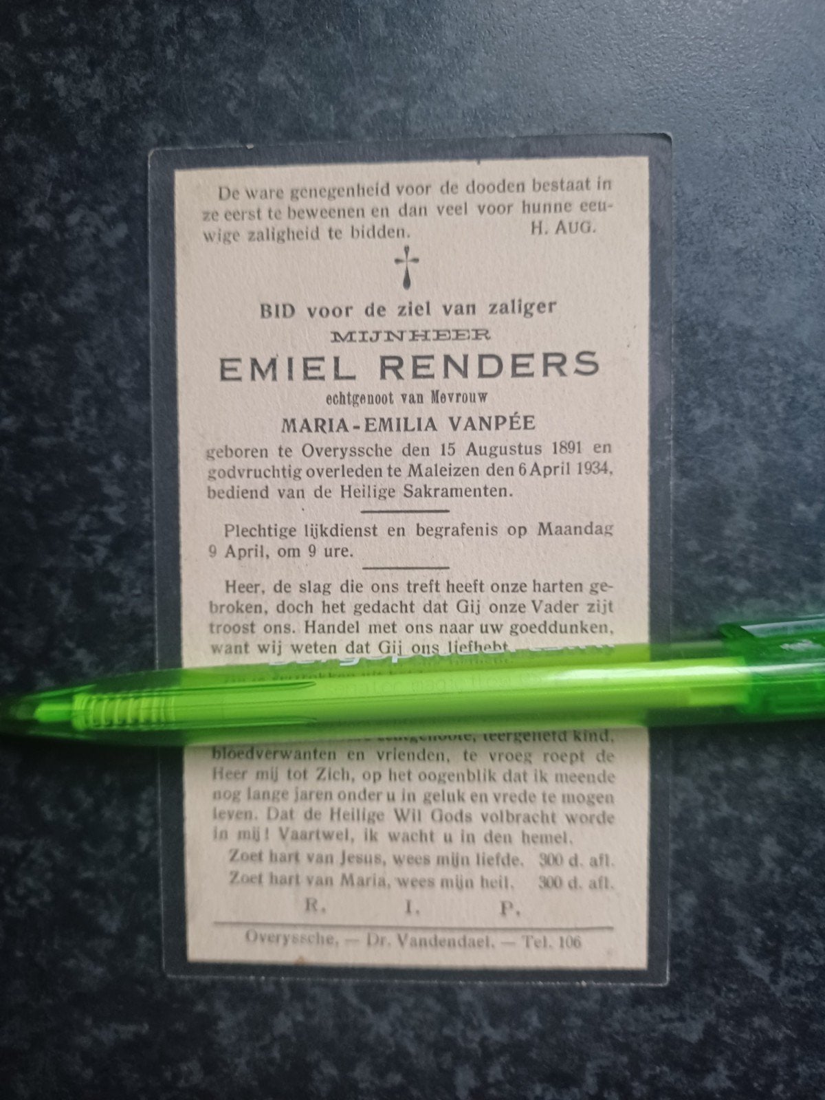 Bidprentje Overyssche Emiel Renders 1891 1934, Ophalen, Bidprentje
