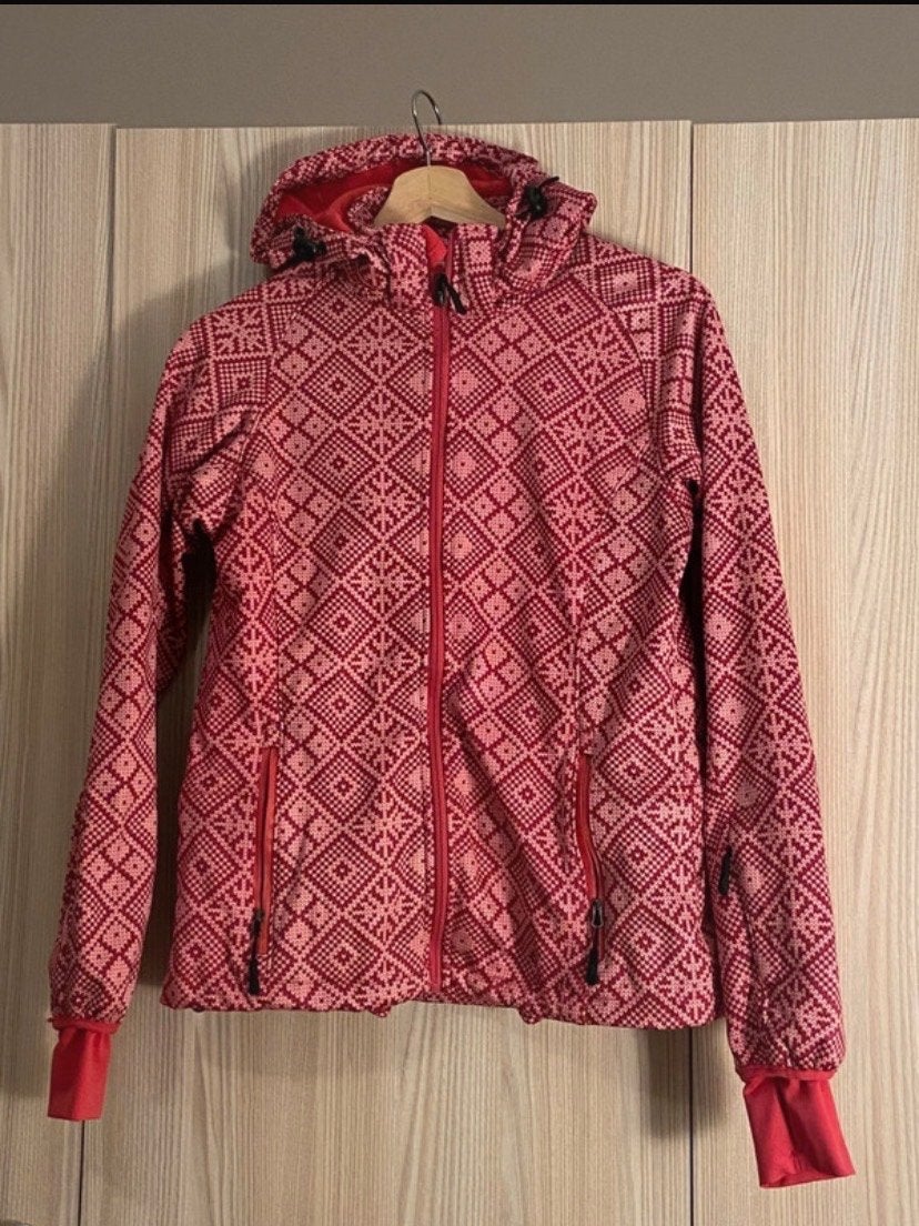 Rood/roze ski-jas met patroon, maat XS, Ophalen, Zo goed als nieuw, Maat 34 (XS) of kleiner, Jack