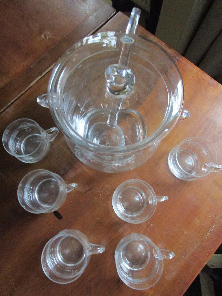 Mooie kristal Punchbowl met 6 glazen met bloemmotief, Ophalen of Verzenden