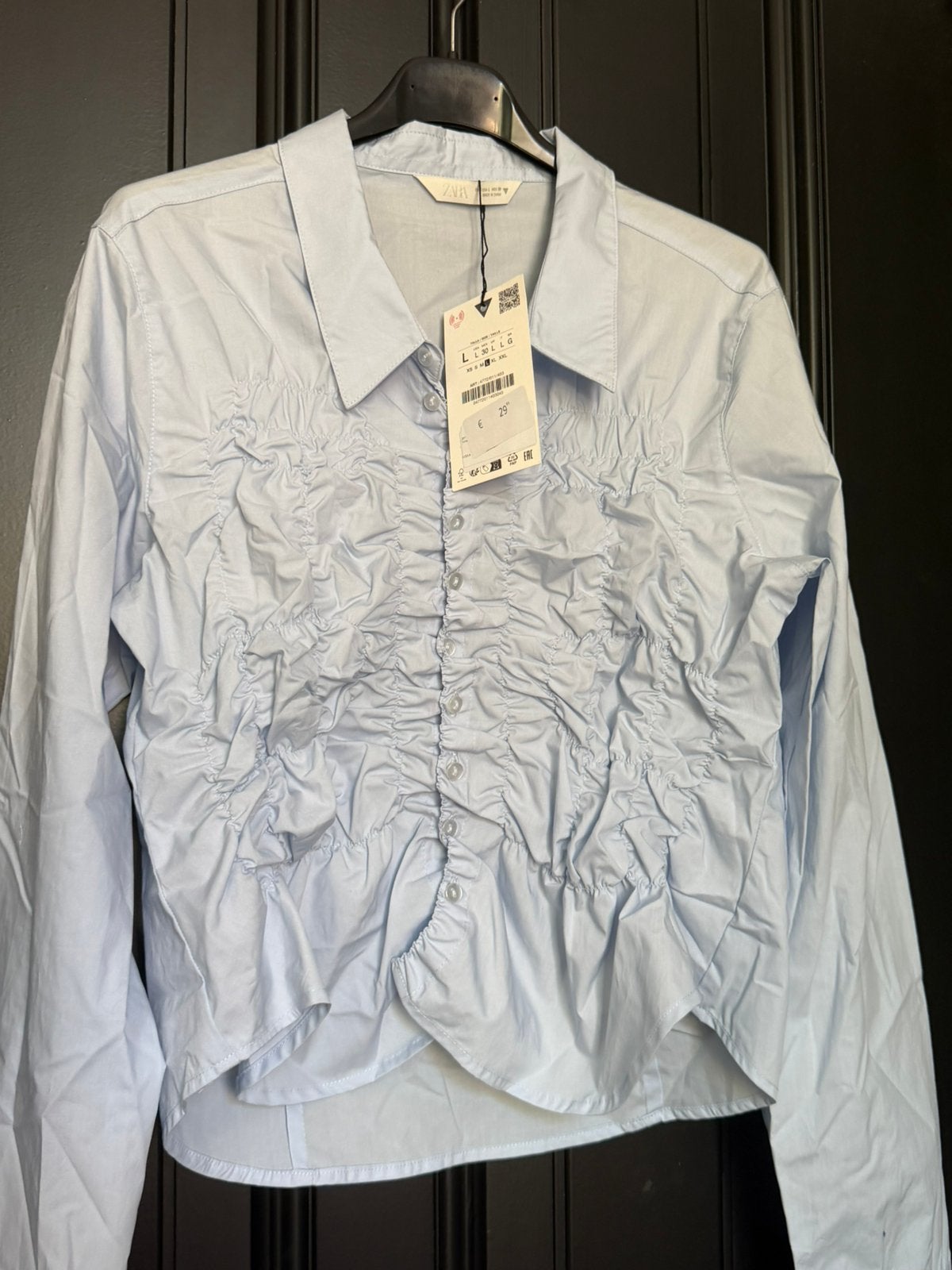 Zara lichtblauwe katoenen poplin blouse, gerimpelde voorkant, Ophalen of Verzenden, Nieuw, Maat 42/44 (L), Blauw