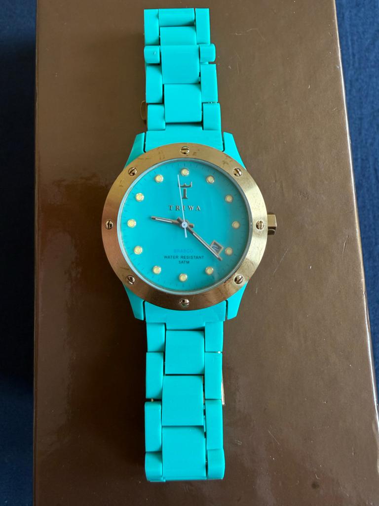 Triwa horloge turquoise met gouden accenten, Overige merken, Kunststof, Gebruikt, Polshorloge