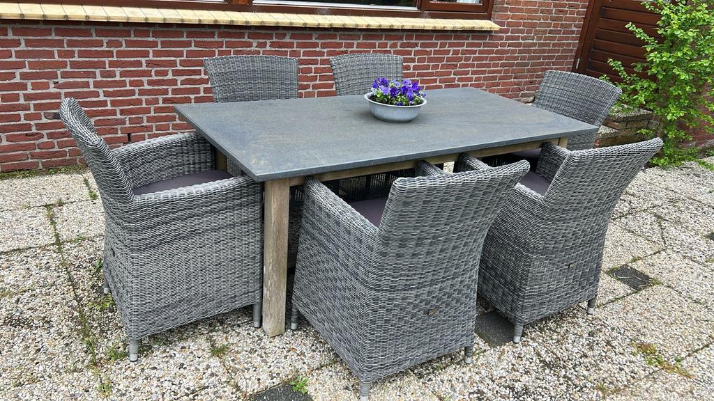 Complete 7-delige Tuinset hardstenen tafel met 6 stoelen, Ophalen, Gebruikt, Eettafel, 6 zitplaatsen