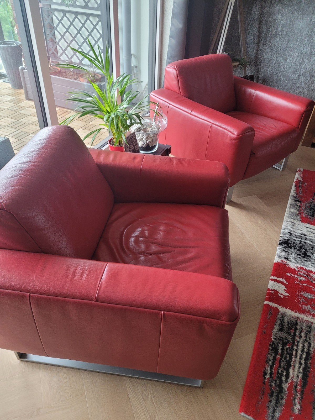 2 Rode Leren Fauteuils - BMP Design, Ophalen, Gebruikt, 75 tot 100 cm, 75 tot 100 cm