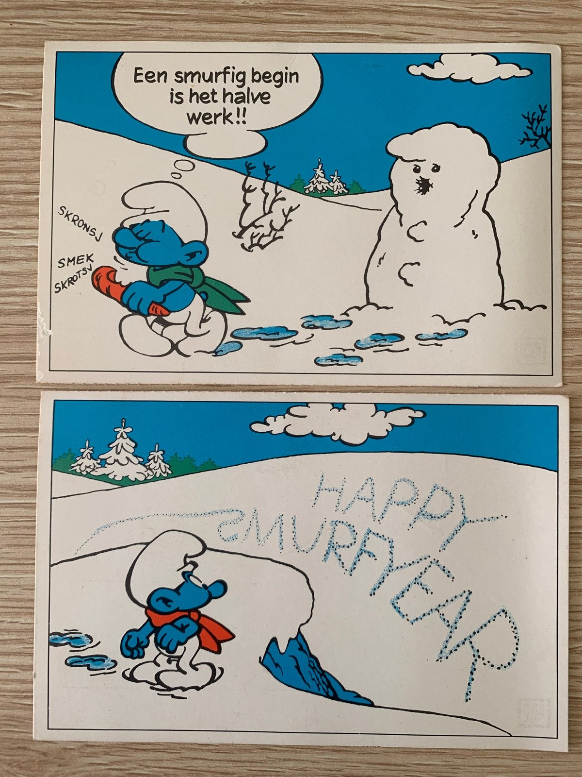 Smurfen ansichtkaarten: Een smurfig begin & Happy Smurfyyear, Ophalen of Verzenden, Gebruikt, Verschillende Smurfen, Overige typen