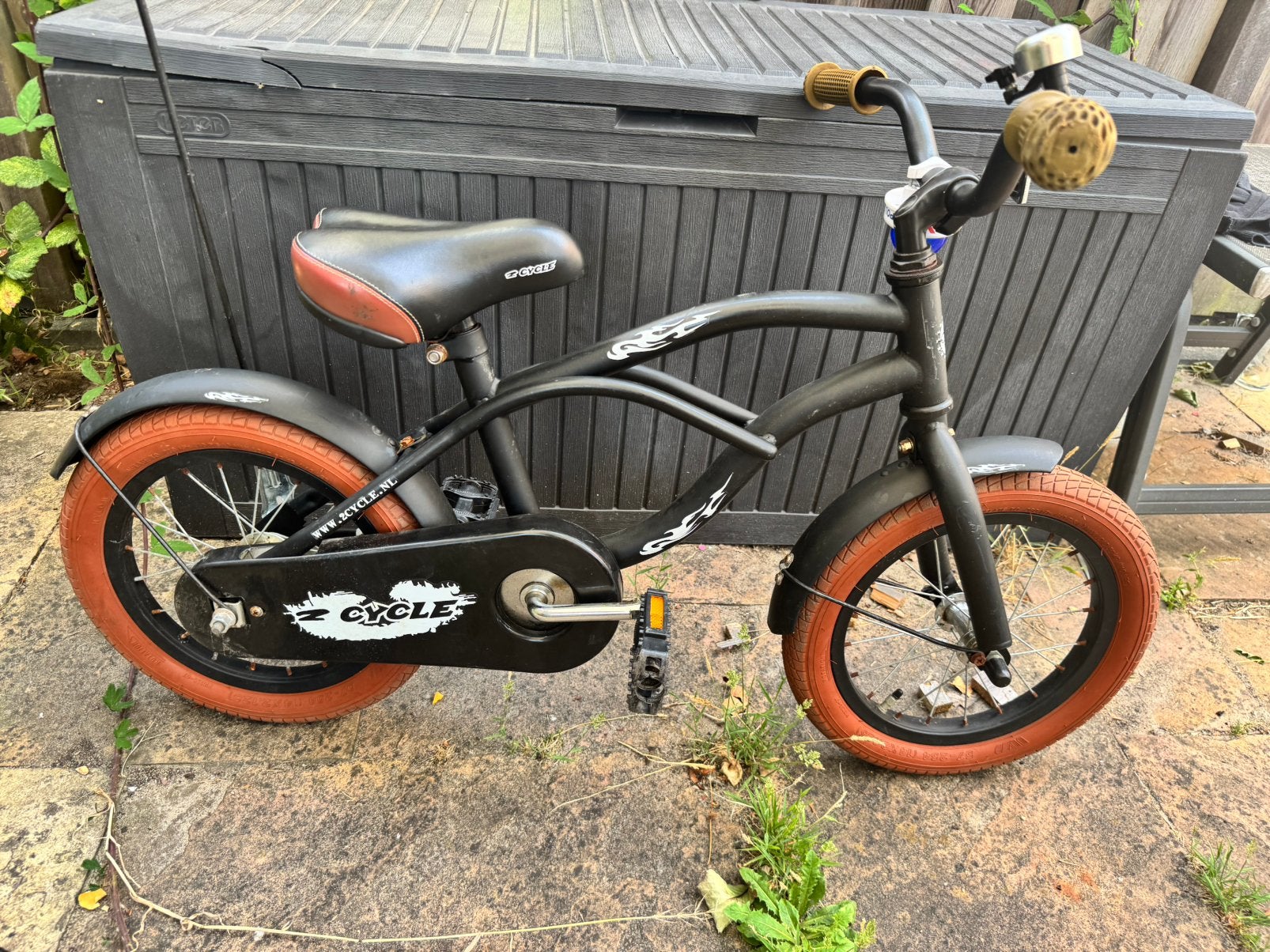 Stoere kinderfiets 2cycle 14inch zwart-bruin, Ophalen, Gebruikt, Minder dan 16 inch