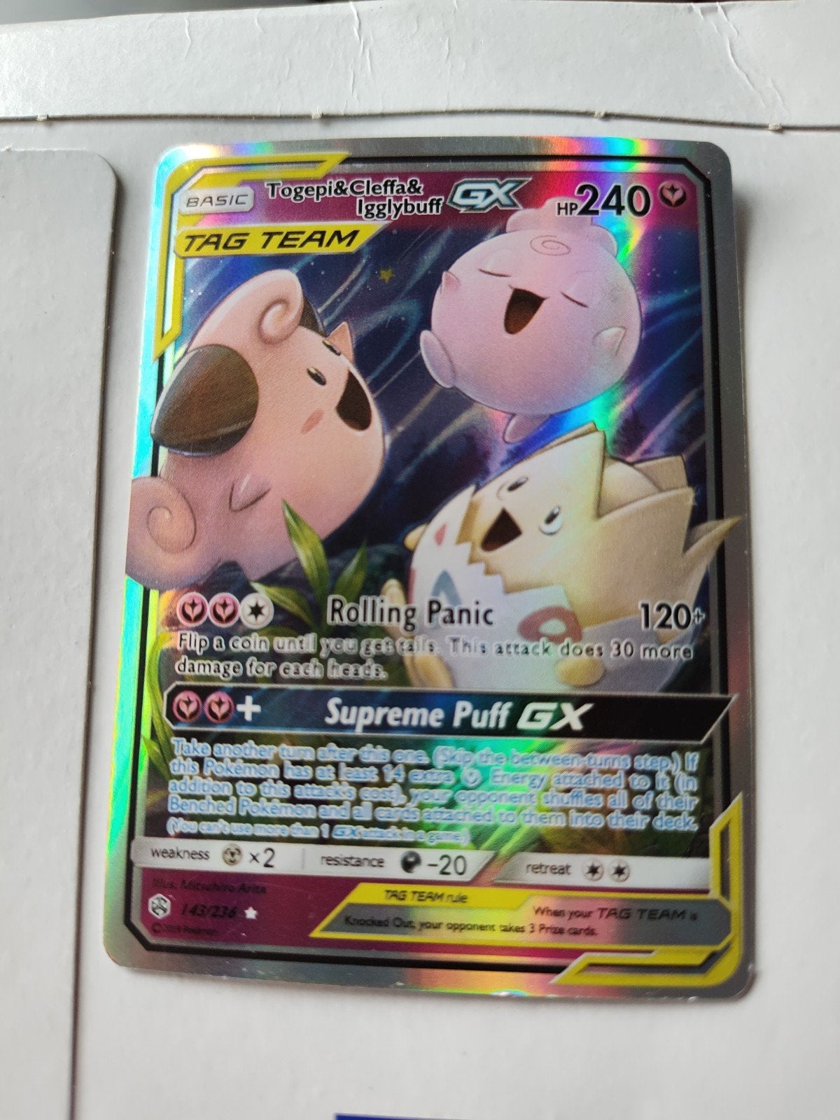 Togepi & Cleffa & Igglybuff GX TAG TEAM Pokémon Kaart, Ophalen of Verzenden, Zo goed als nieuw, Losse kaart, Foil