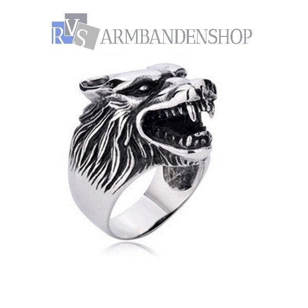 Rvs Wolf ring biker wolfs head wolfs kop bikers heren ring, 20 of groter, Heer, Nieuw, Zilver