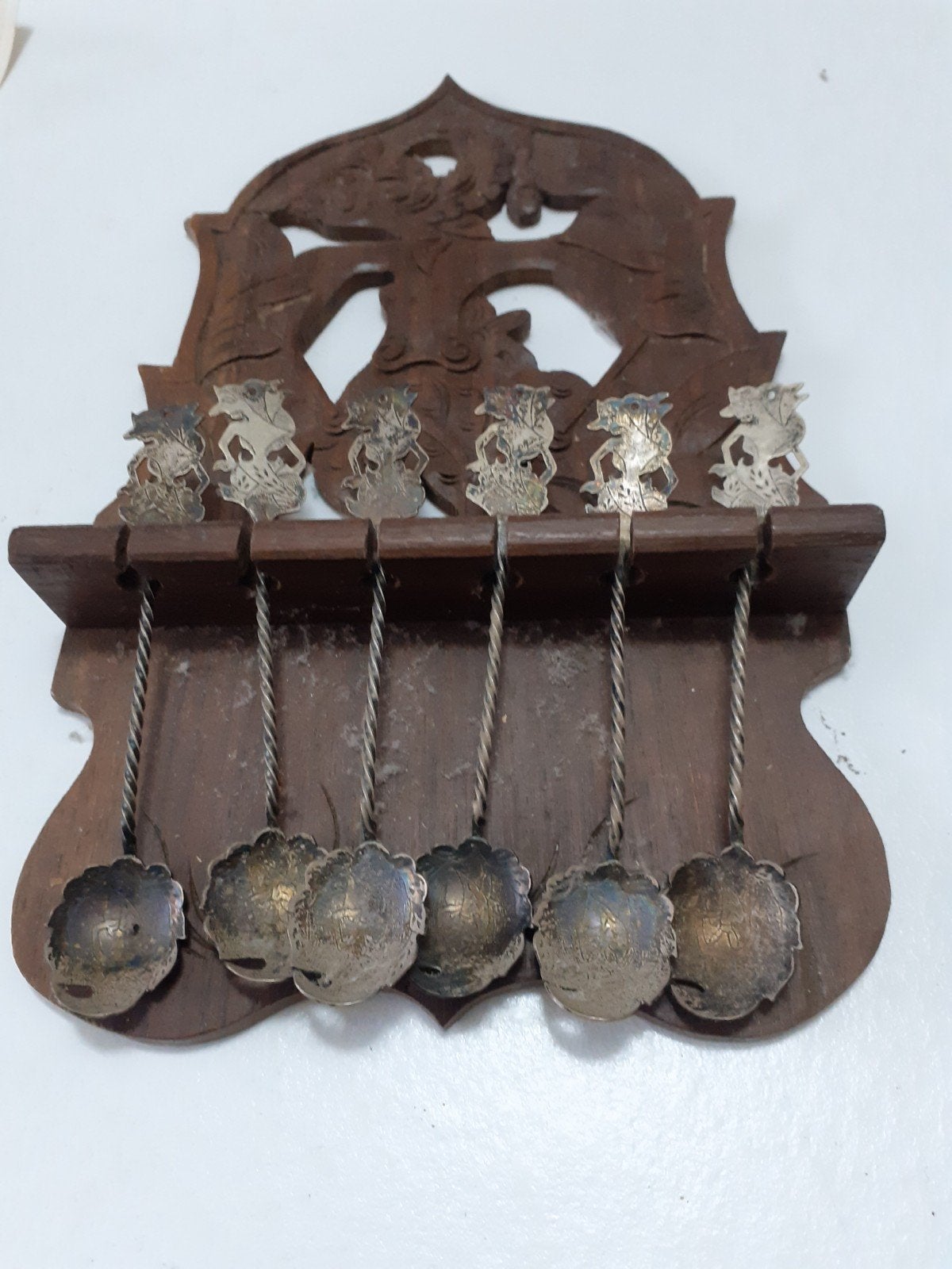 Antiek Djokja Zilveren Wayang Lepelrek  6 Lepels 800 Zilver, Ophalen of Verzenden