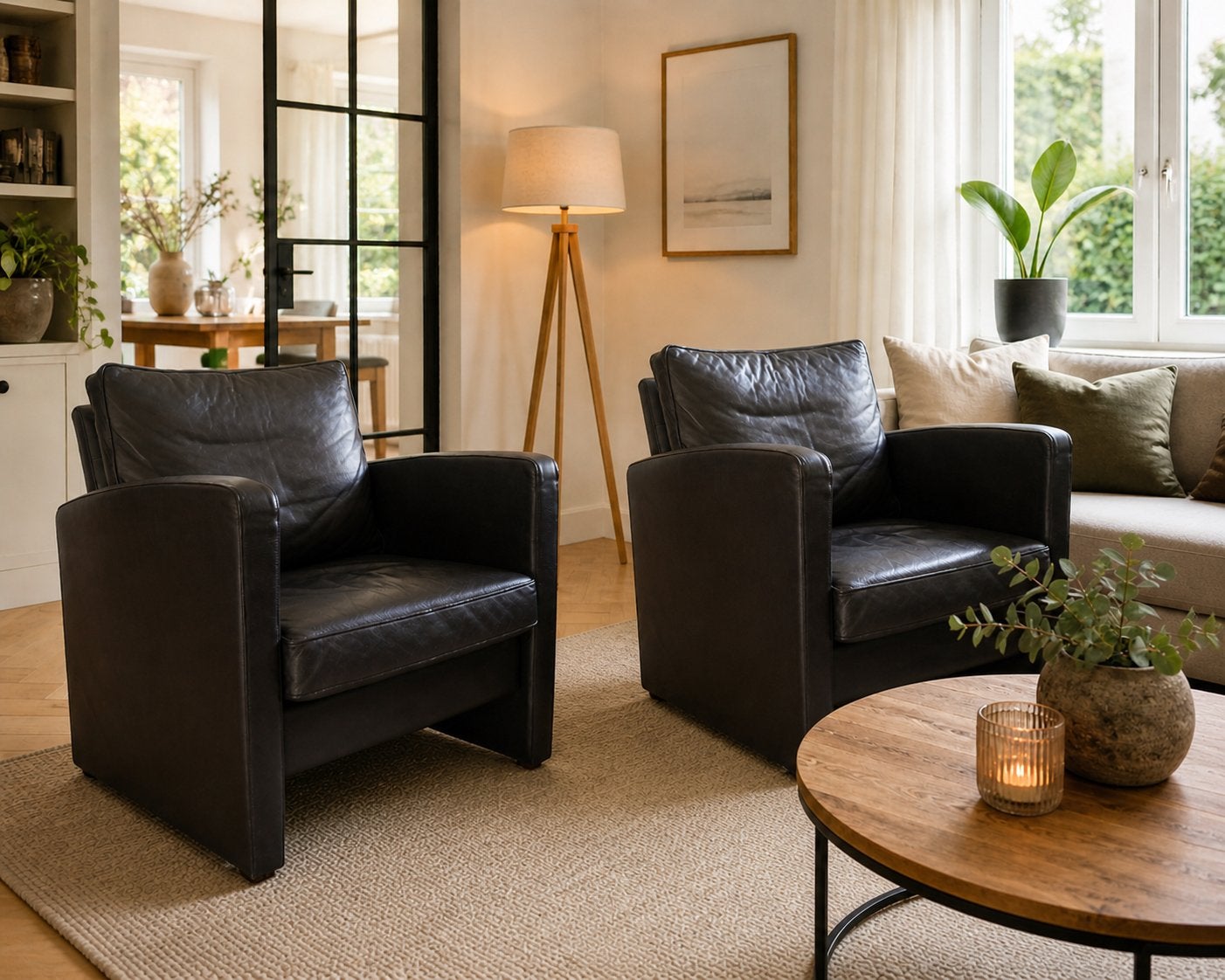 2 Moderne bruine fauteuils van Nederlands fabrikaat, Ophalen, Zo goed als nieuw, Leer, 75 tot 100 cm