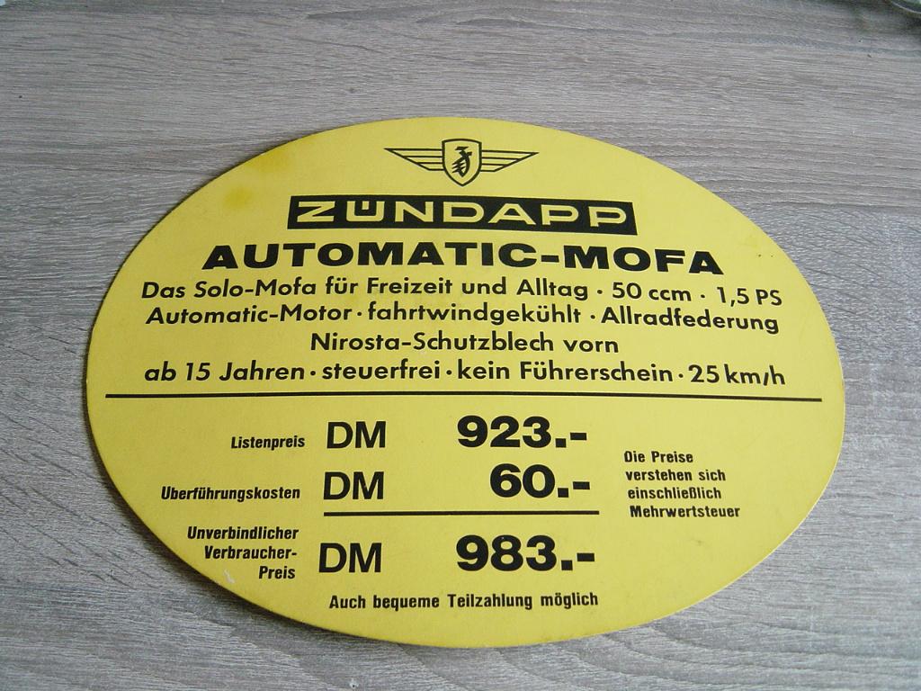 Prijzenbord zundapp Automatic Mofa, Verzenden, Gebruikt