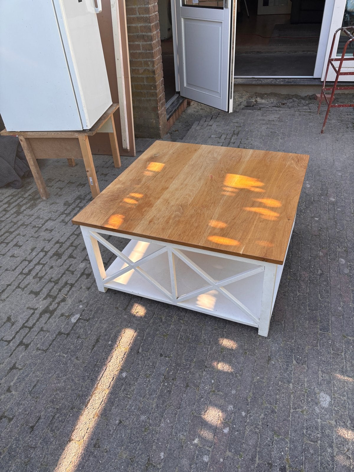 Salontafel wit met eiken blad, Ophalen, Gebruikt, 50 tot 100 cm, Minder dan 50 cm