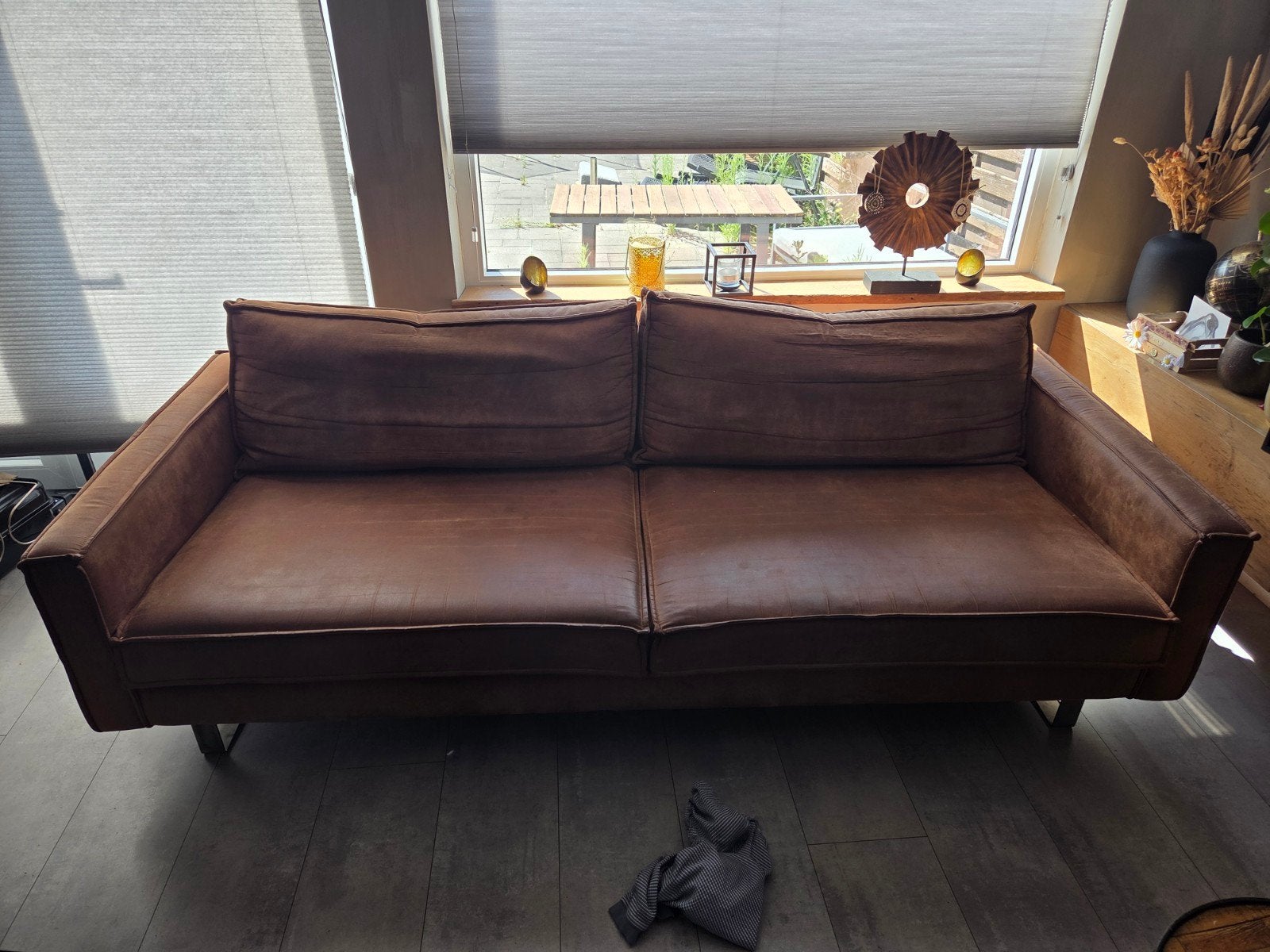 Cognac kleurige driezitsbank, Ophalen, Gebruikt, Driepersoons, 75 tot 100 cm