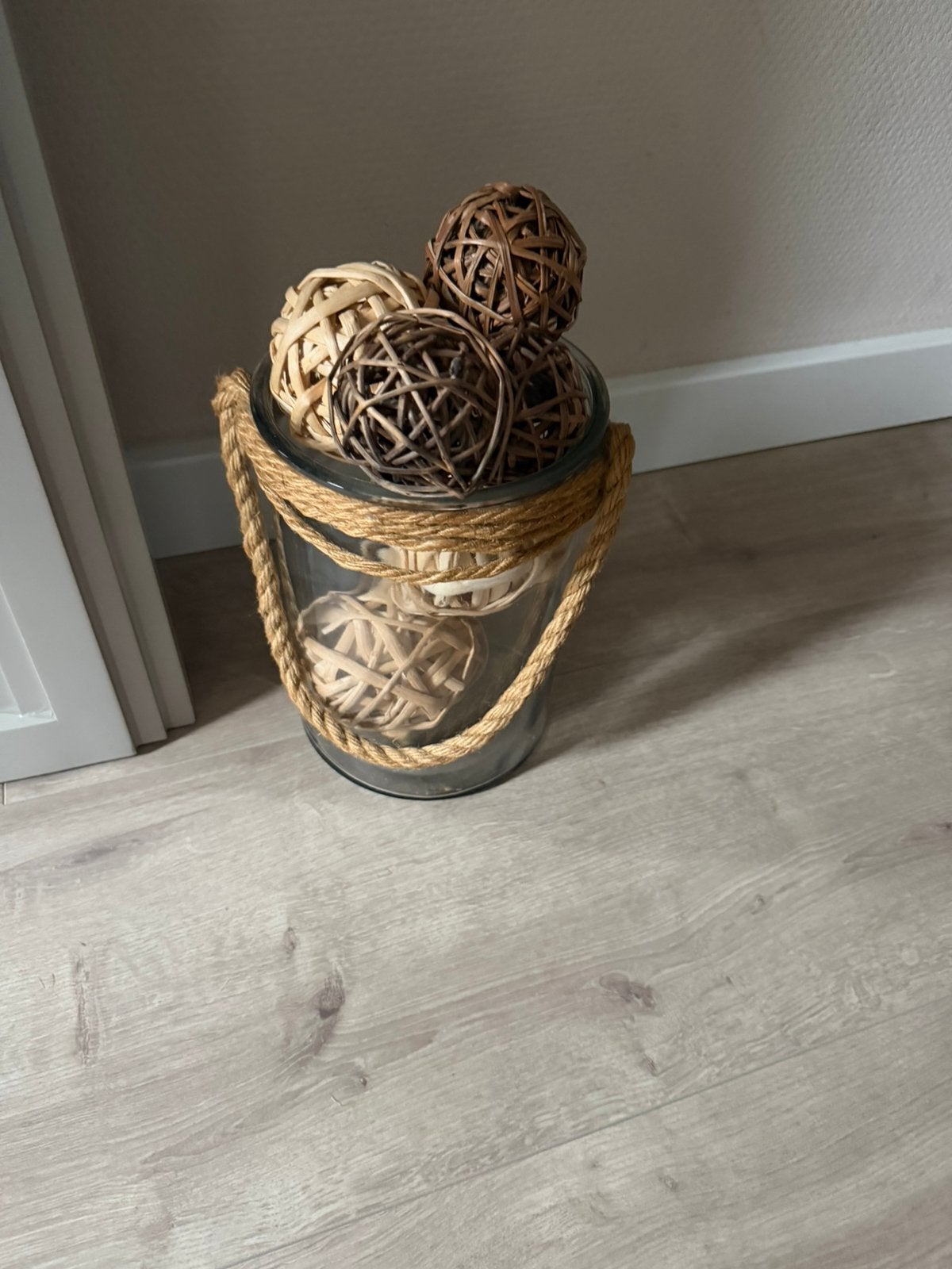Glazen windlicht met touw - decoratie Ibiza stijl, Ophalen, Zo goed als nieuw, Rond, Glas