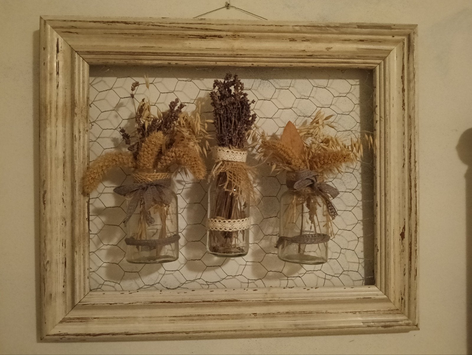 Wanddecoratie met gedroogde bloemen in potjes, Gebruikt, Hout, Meerkleurig, Decoratieobject