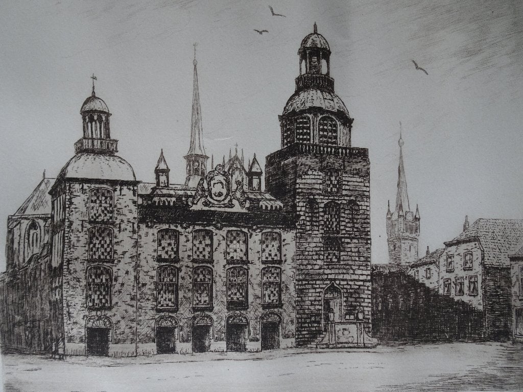 Ets stadhuis en markt Goes, CM vd Woerdt, Antiek en Kunst, Stadsgezicht, Ophalen of Verzenden, Origineel, 1950 - 1999
