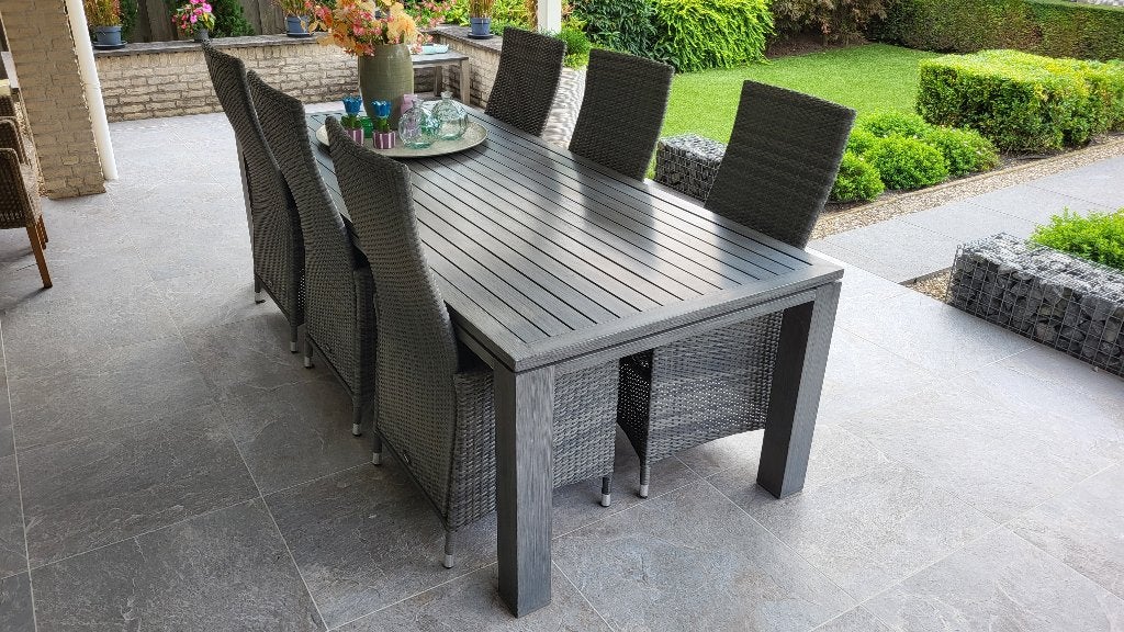 Tuinset (tafel plus 6 verstelbare stoelen), kleur grijs, Ophalen, Gebruikt, 6 zitplaatsen, Aluminium