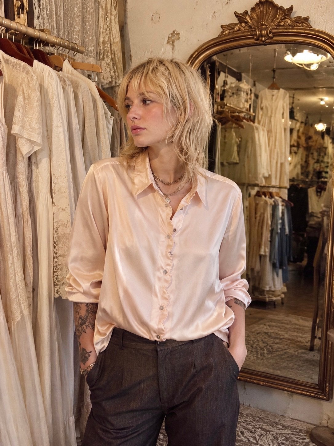 Mooie satijnen blouse vintage H&M, Ophalen of Verzenden, Zo goed als nieuw, Maat 42/44 (L), Roze