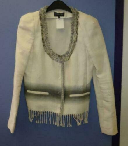 Patrizia Pepe creme blazer +grijze roezelrand fringe S 30625