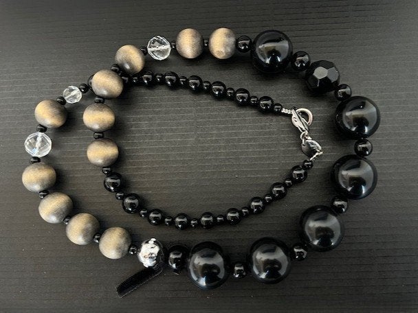 Dyrberg/Kern ketting ronde houten en zwarte kralen, 80 cm, Met kristal, Overige materialen, Verzenden, Zwart