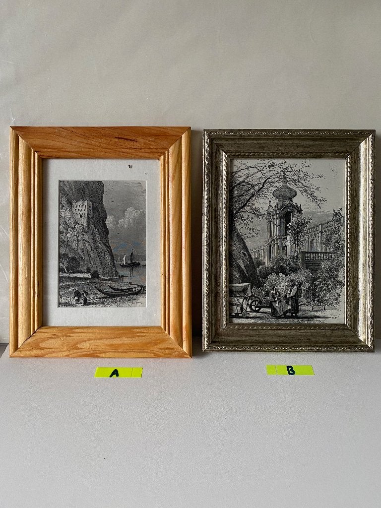 Ingelijste gravures. A + B, Antiek en Kunst, Kunst | Etsen en Gravures, 18 cm, Stadsgezicht, 23 cm, Ophalen of Verzenden